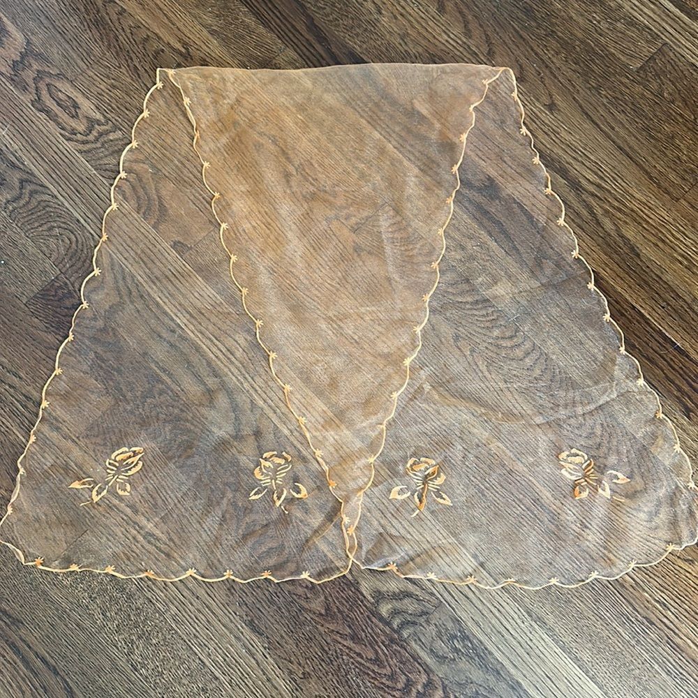Vintage 60s long orange chiffon‎ scarf with embossed floral design & hem